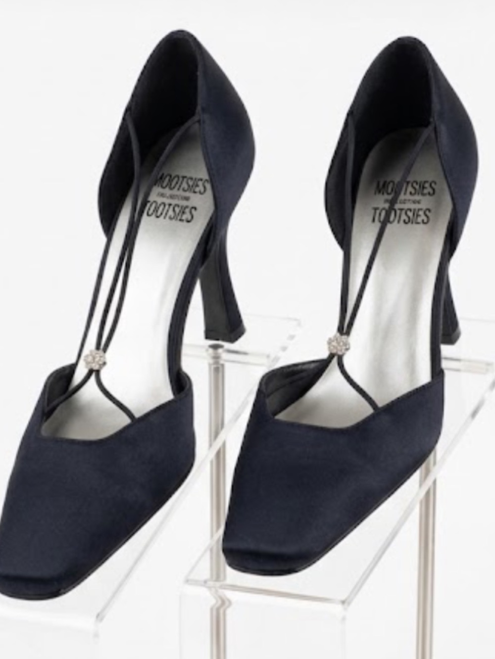 VTG Mootsies Tootsies Navy Blue Satin Heels 10M Rhinestone T-Strap Square Toe
